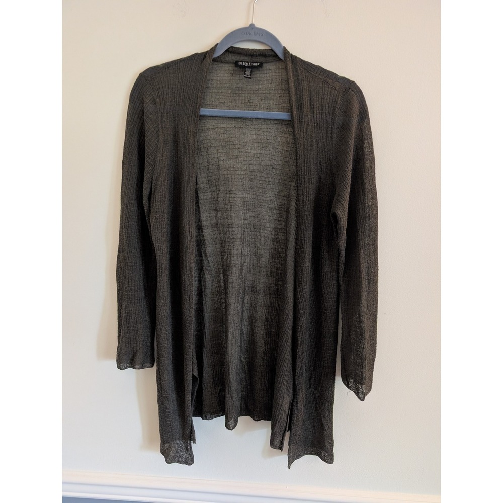 Eileen Fisher Petite Brown Sheer Open Front Cardigan medium petite mesh layering